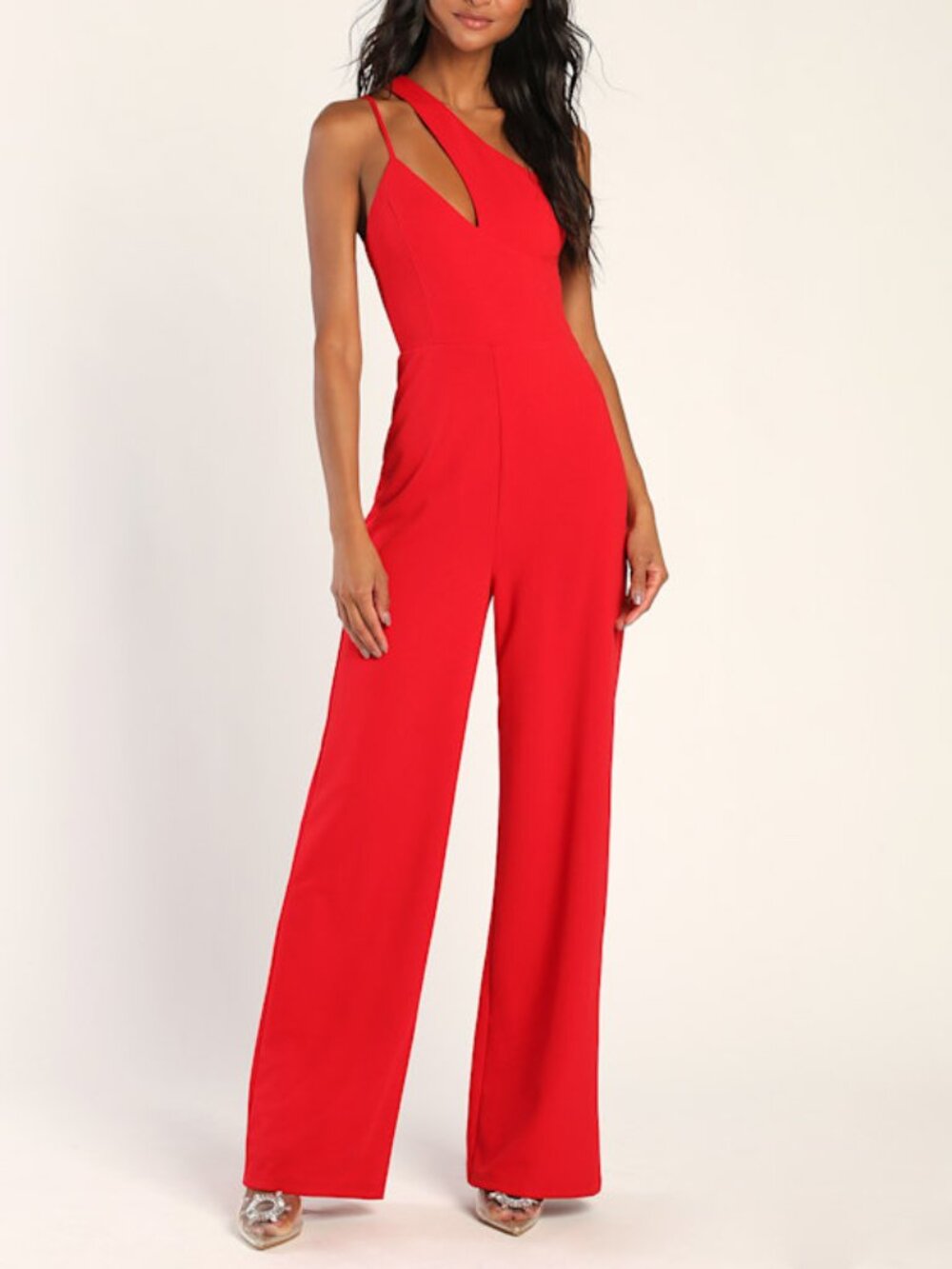 Lulus Chic Credentials Red Sleeveless Asymmetrical Wide Leg Jumpsuit - Size S